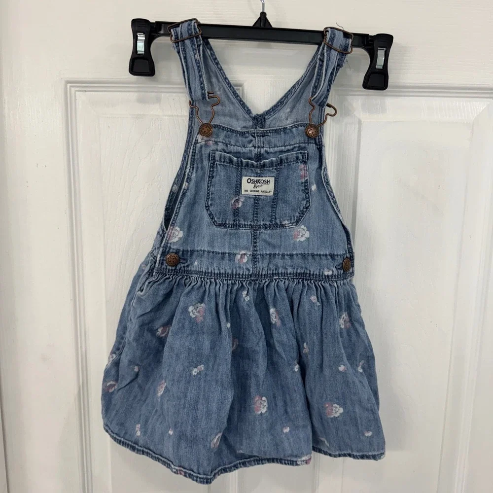 OshKosh Bgosh Girls 4T Floral Denim Jumper Dress Blue Light Wash Overall Skirt